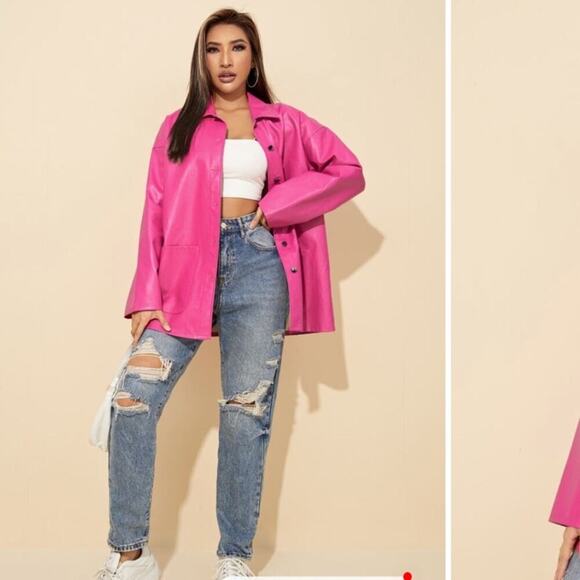 5 for $25 CLEAROUT! Bright Pink Barbiecore Faux Leather Button Up Jacket Size L - Picture 4 of 14